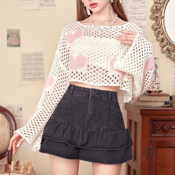 White Boho Womens Heart Pattern Drop Shoulder Open Knit Sweater - Picture 3 of 5